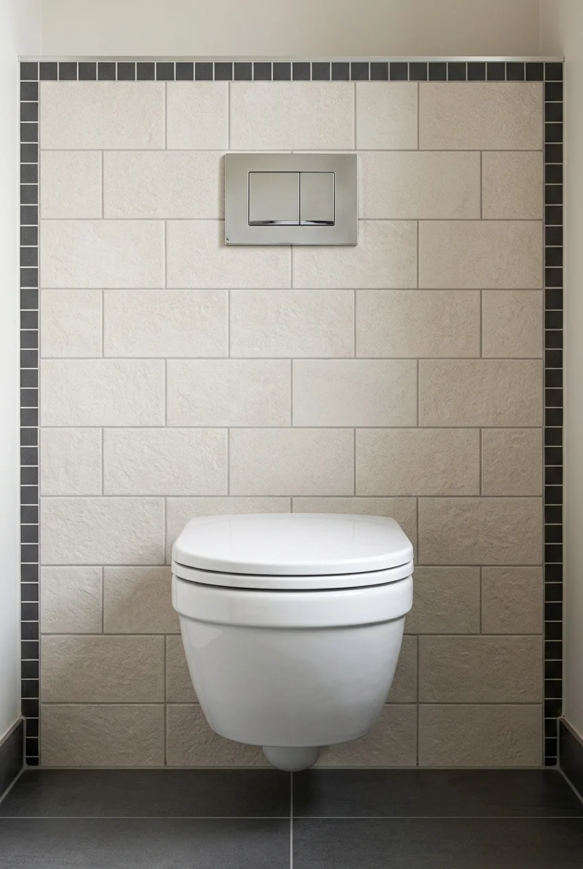Tile border framing the back wall of a water closet