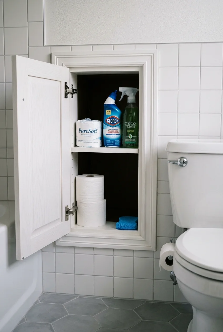 Recessed storage cabinet beside a toilet