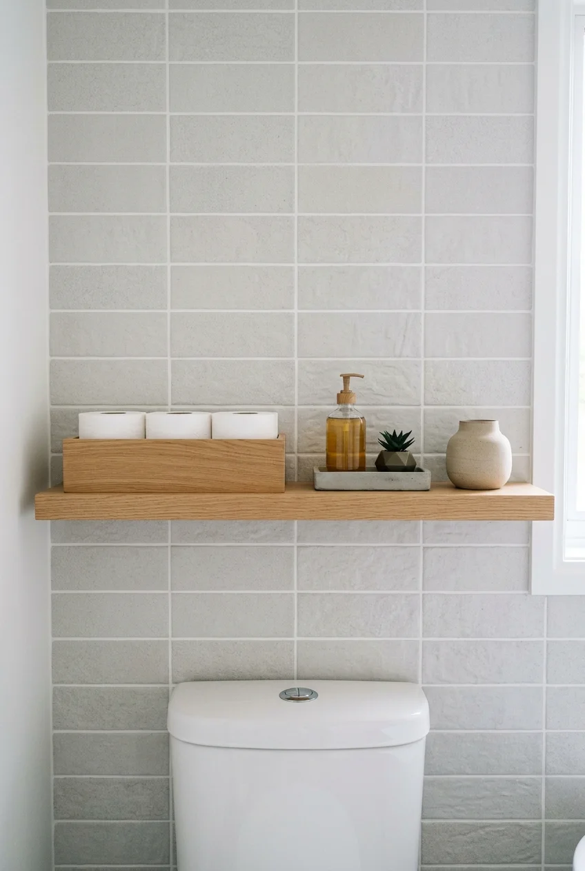 Single floating shelf above a toilet