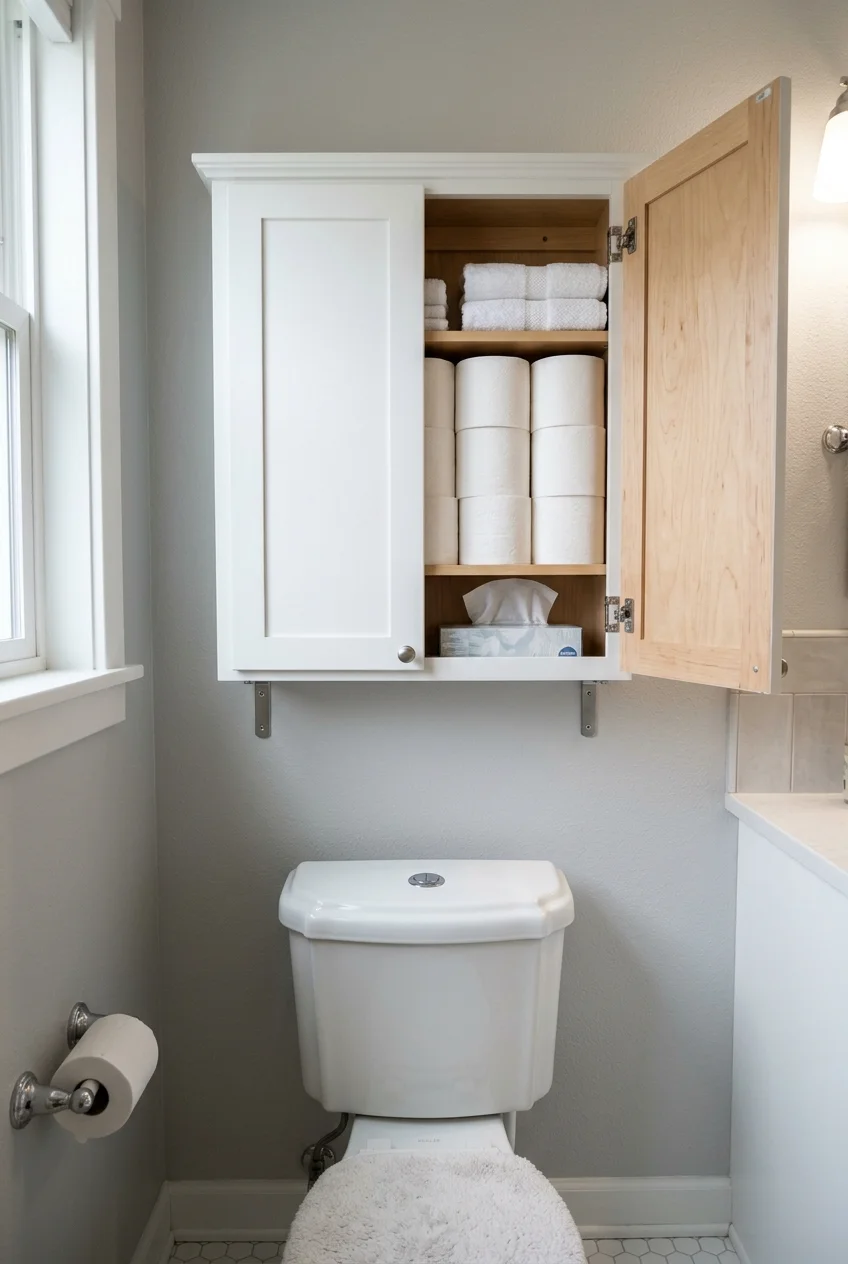 Closed wall cabinet storing water closet supplies