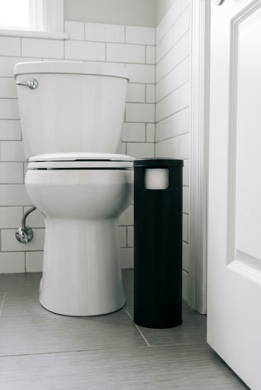 Slim lidded toilet paper holder beside a toilet