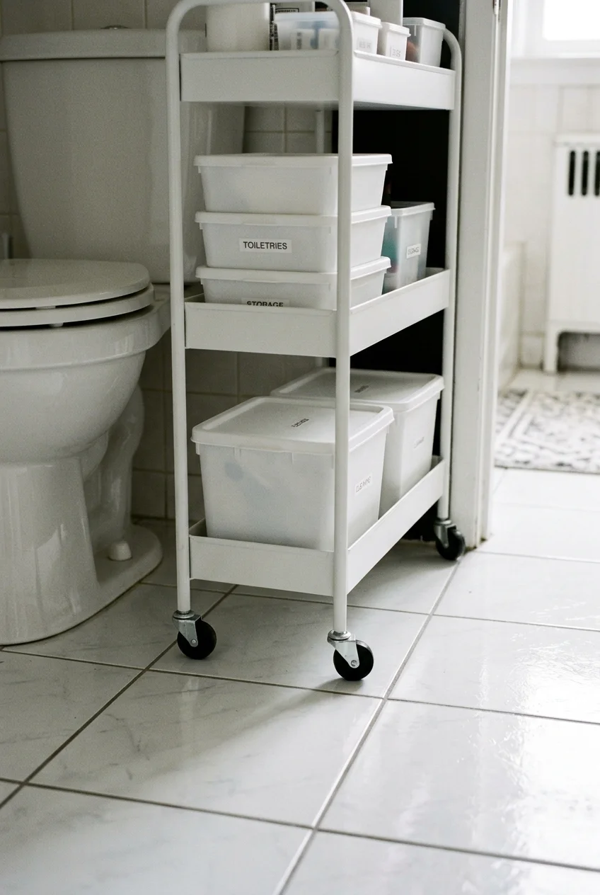Slim rolling cart beside a toilet