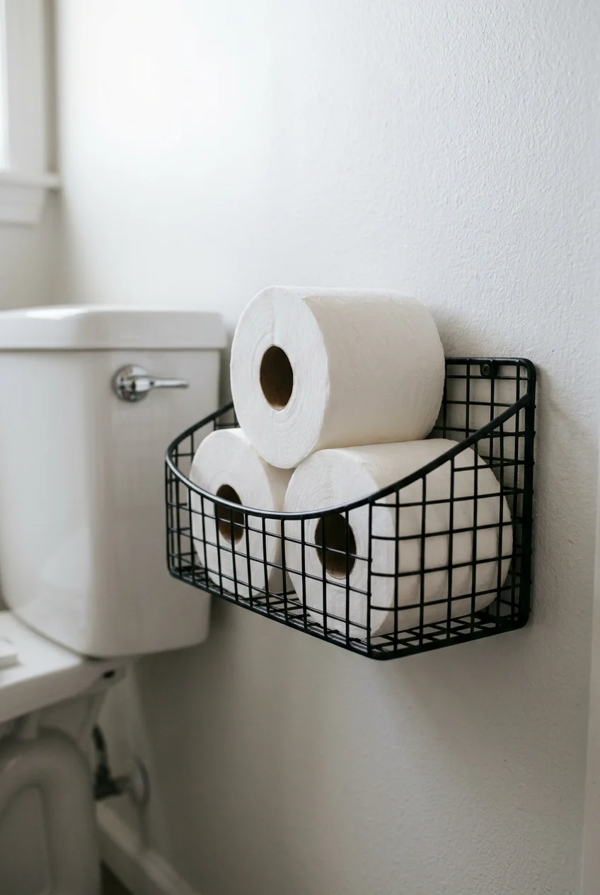 Wall-mounted wire basket holding spare toilet paper