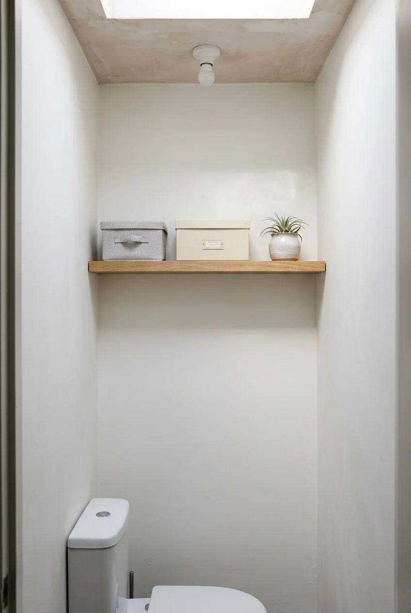 High narrow ledge in a compact water closet