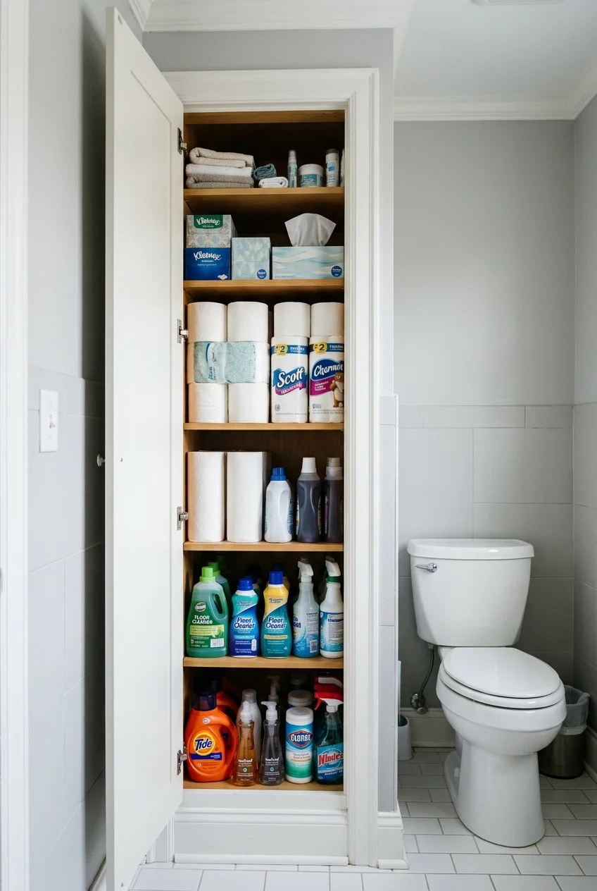 Tall narrow cupboard beside a toilet
