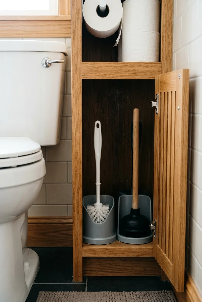 Ventilated cabinet for toilet cleaning tools