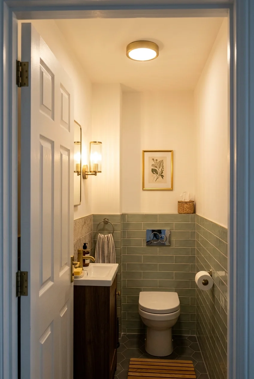 Layered ceiling light and wall sconce in a water closet