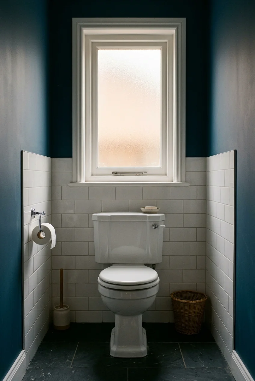 High frosted window in a water closet