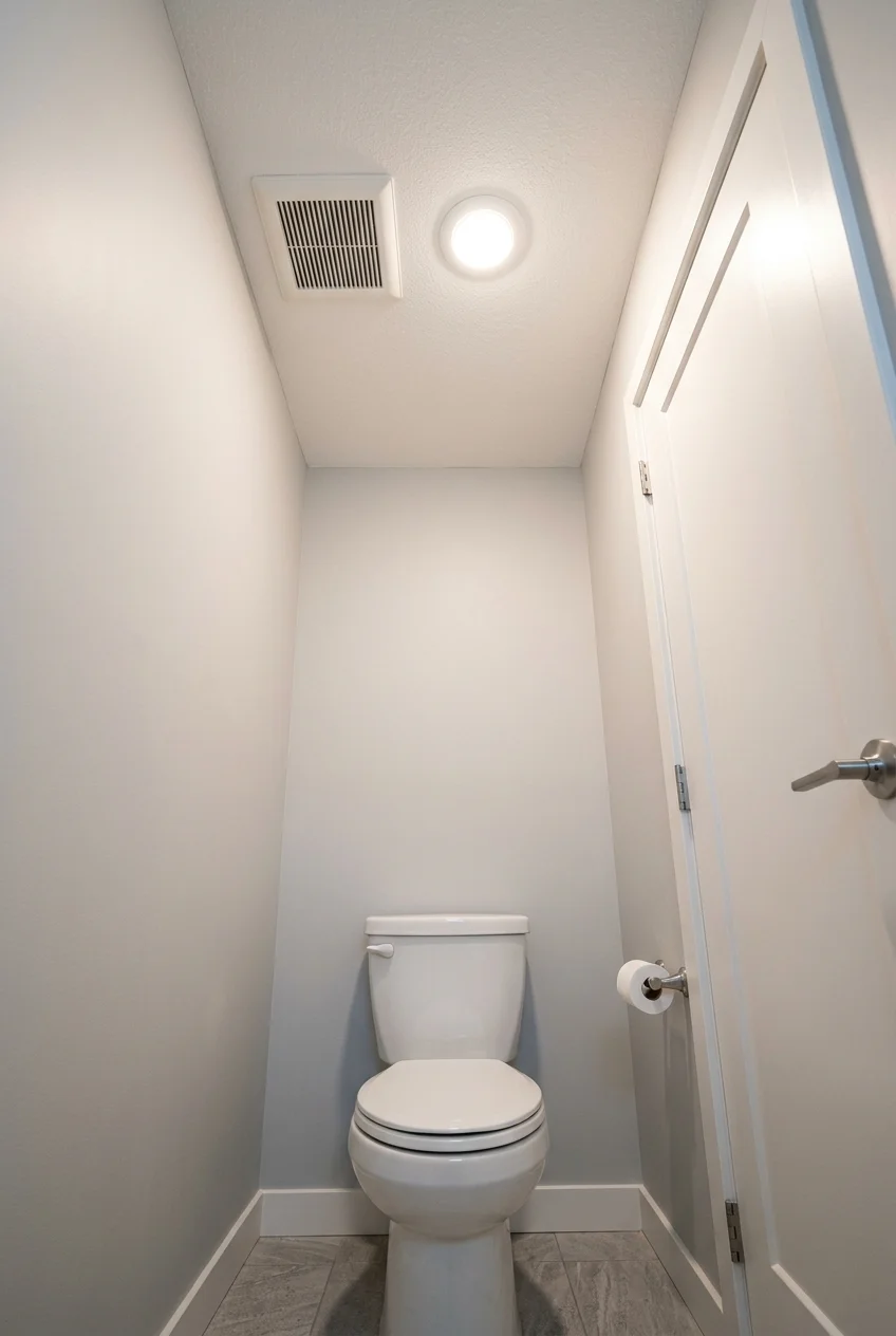 Dedicated ceiling exhaust fan in an enclosed water closet