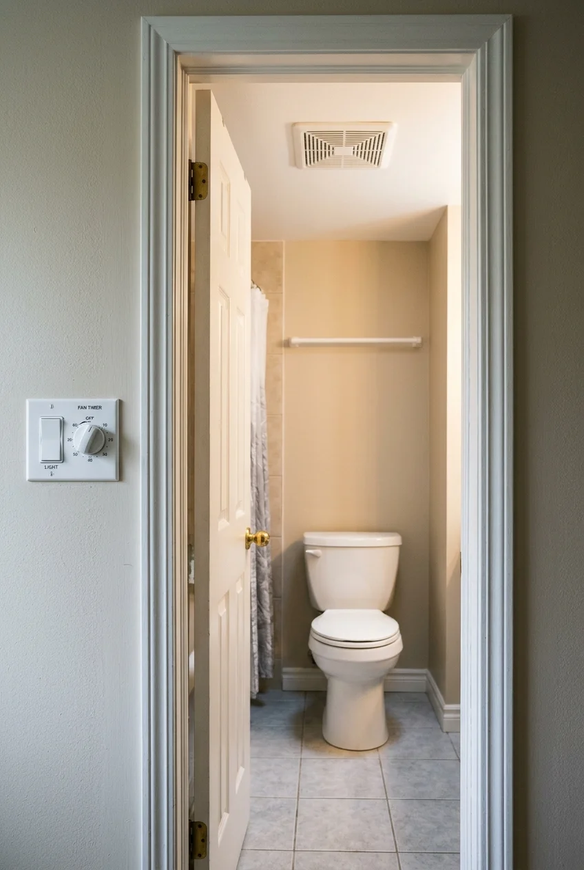 Fan timer control beside a water closet entrance
