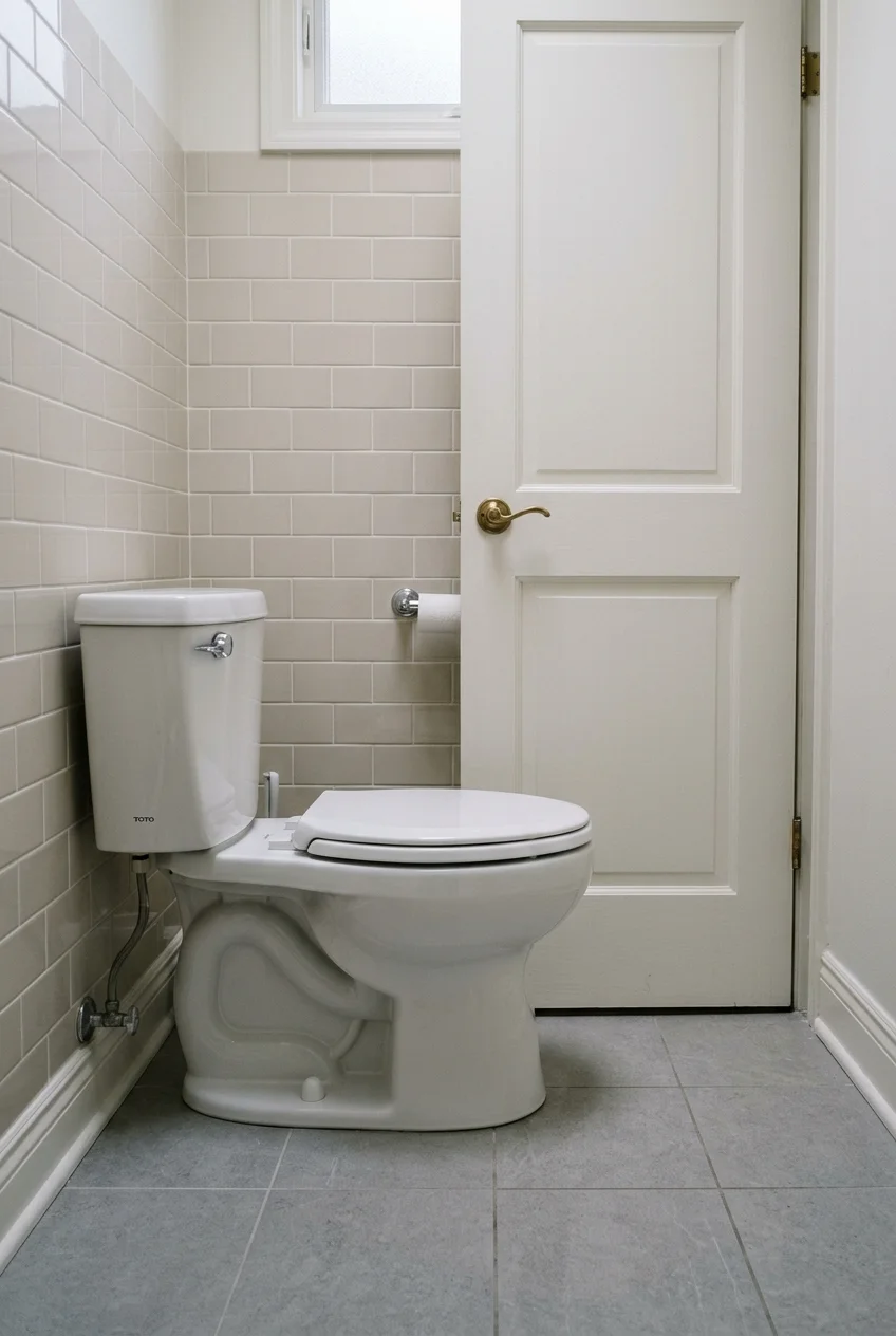 Compact round-front toilet in a narrow room