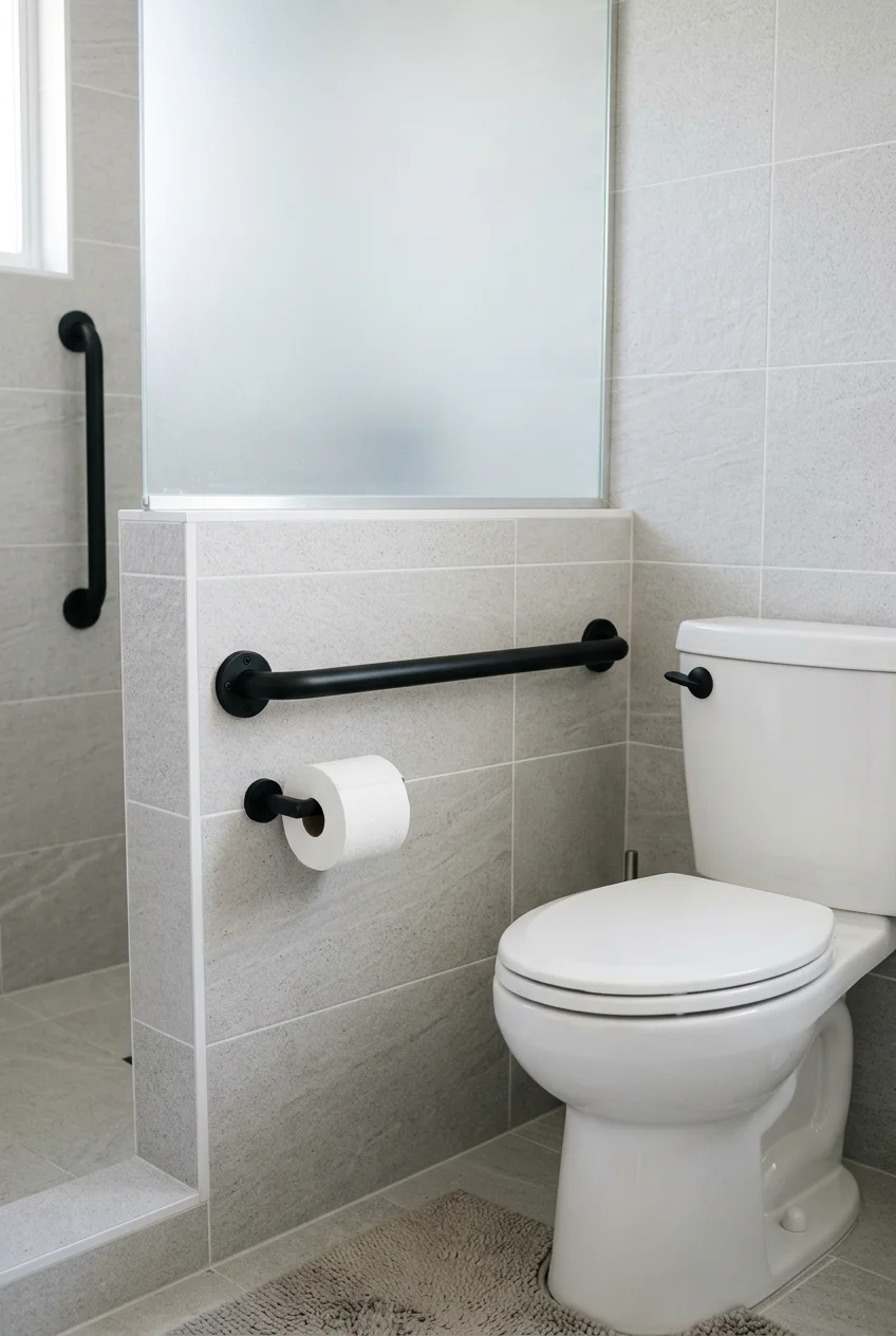 Matte black grab bar beside a toilet