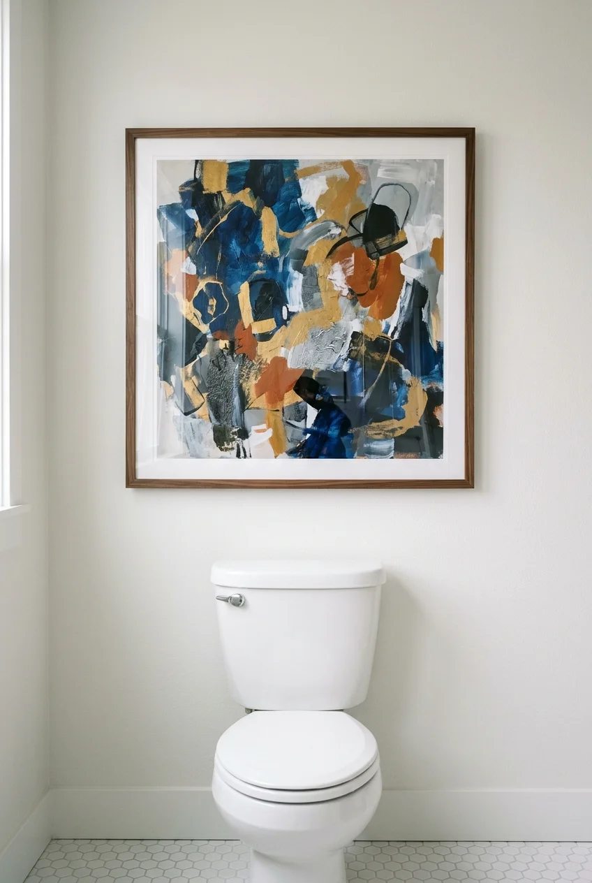 Oversized artwork above a toilet