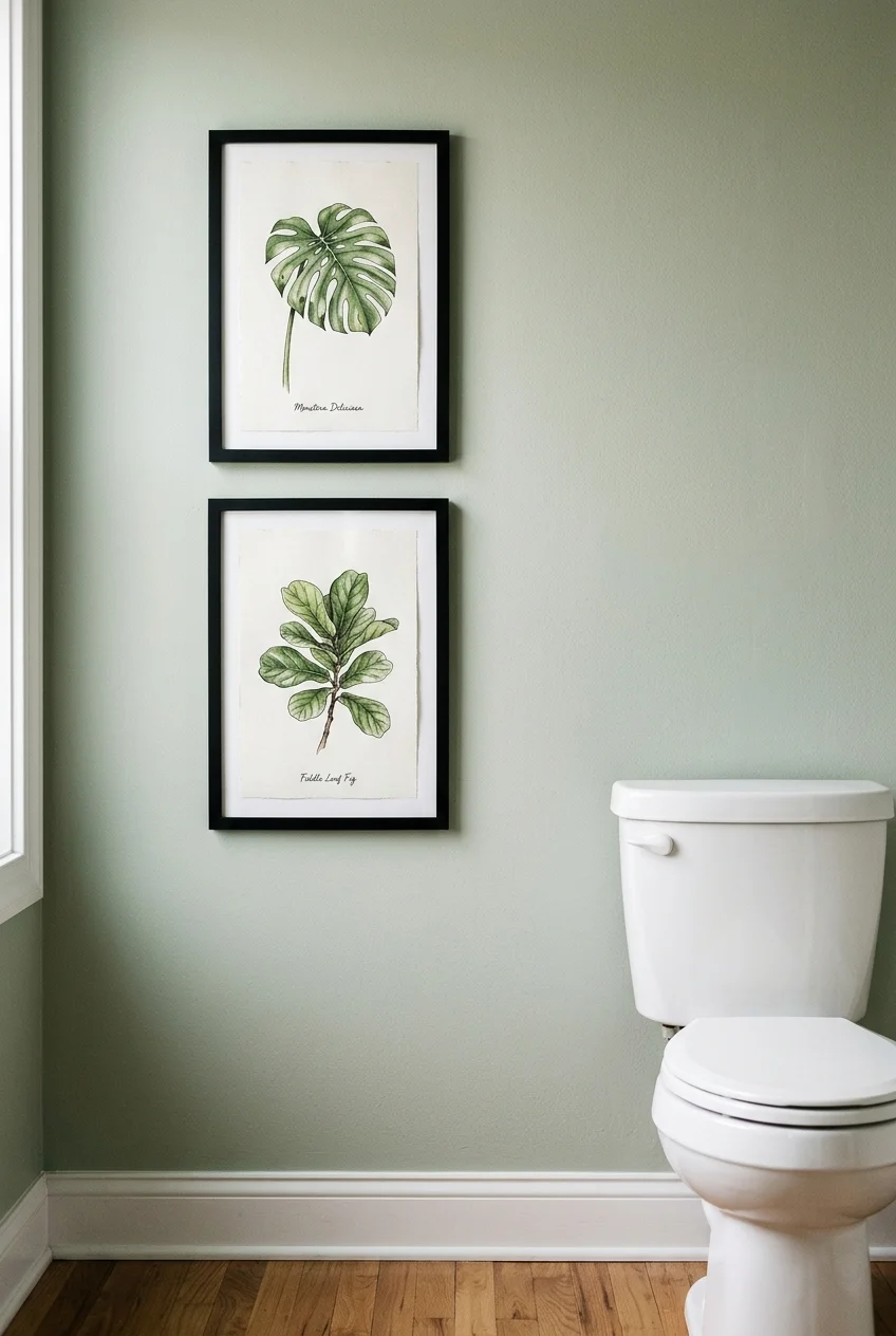 Two coordinated prints stacked in a water closet