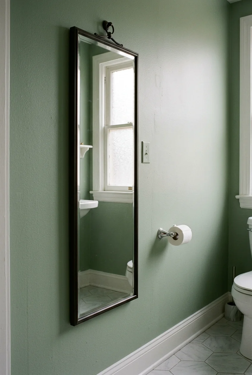 Slim mirror reflecting light inside a water closet
