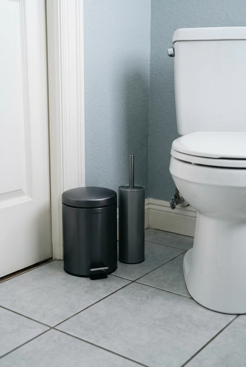 Covered bin and matching toilet brush set