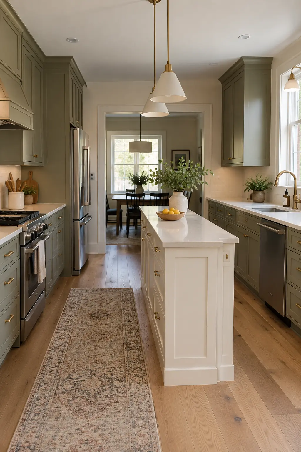 Long narrow kitchen with a slim island designed for storage on both sides