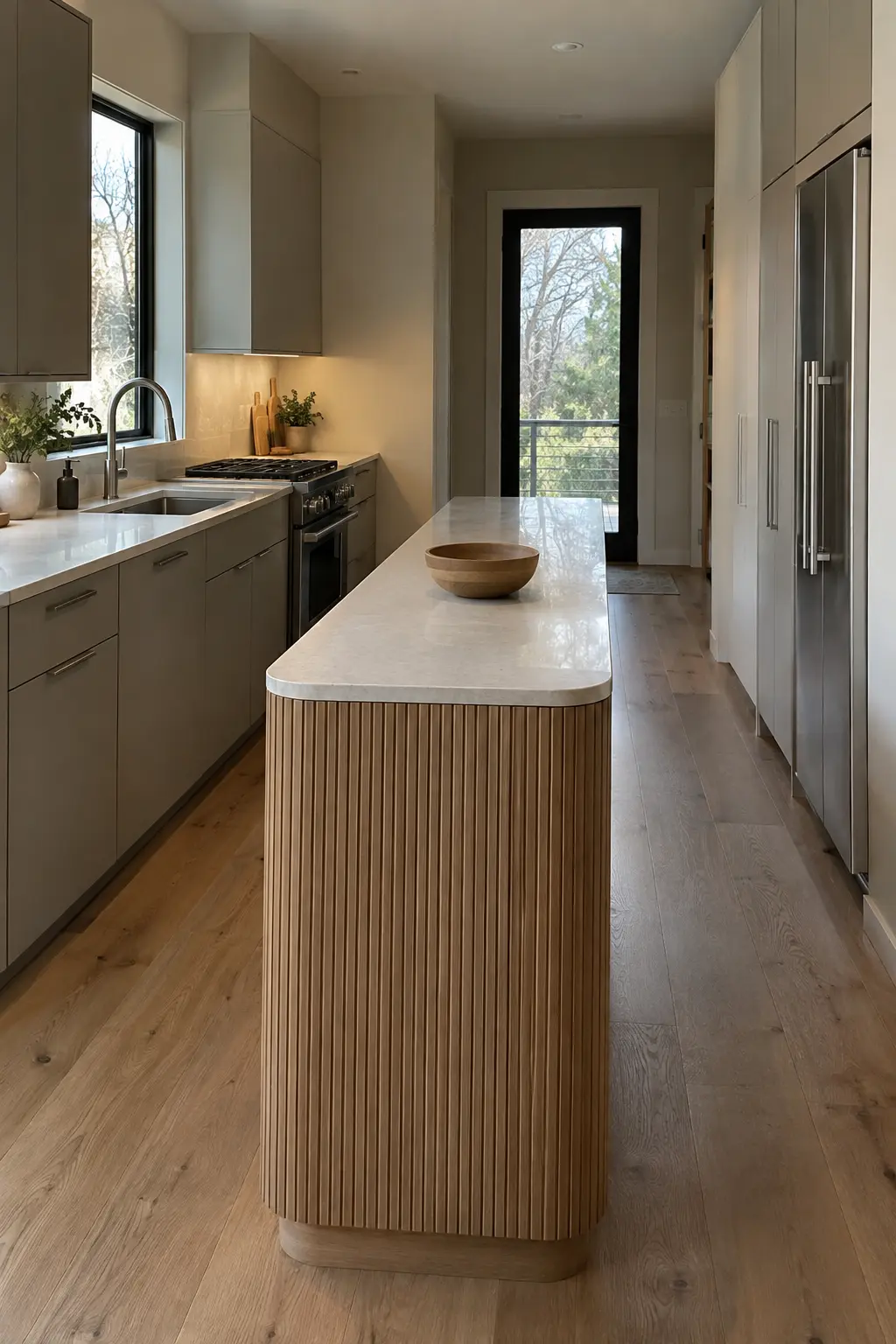 Contemporary narrow kitchen with a fluted white oak island
