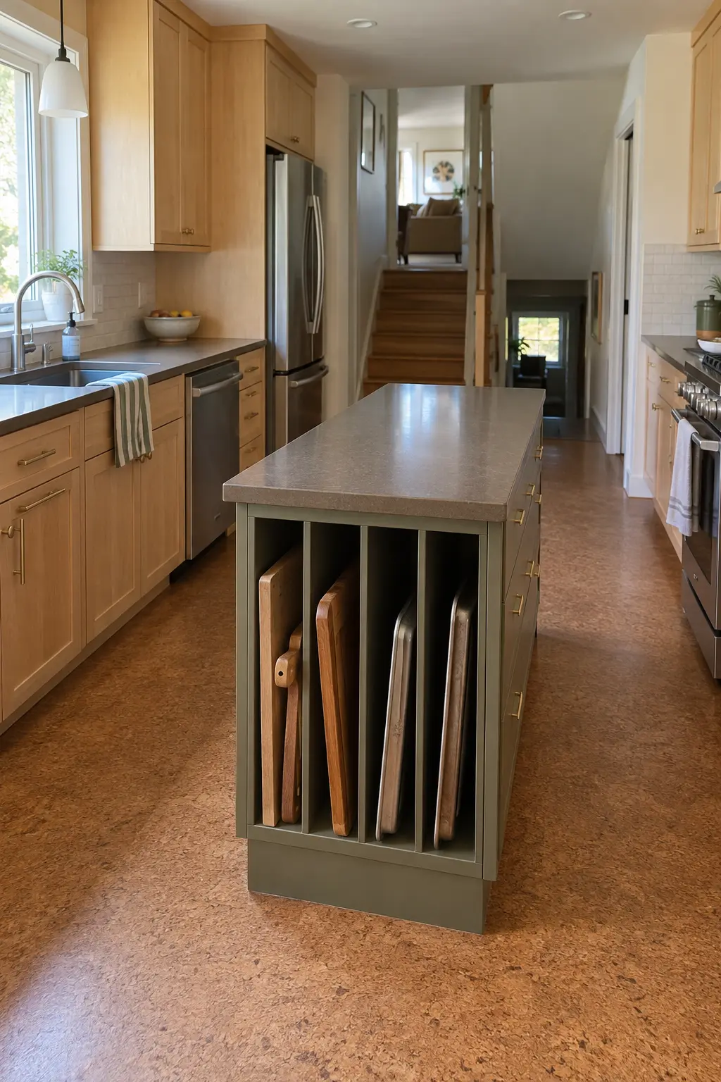 Slim olive kitchen island with vertical tray and cutting board dividers