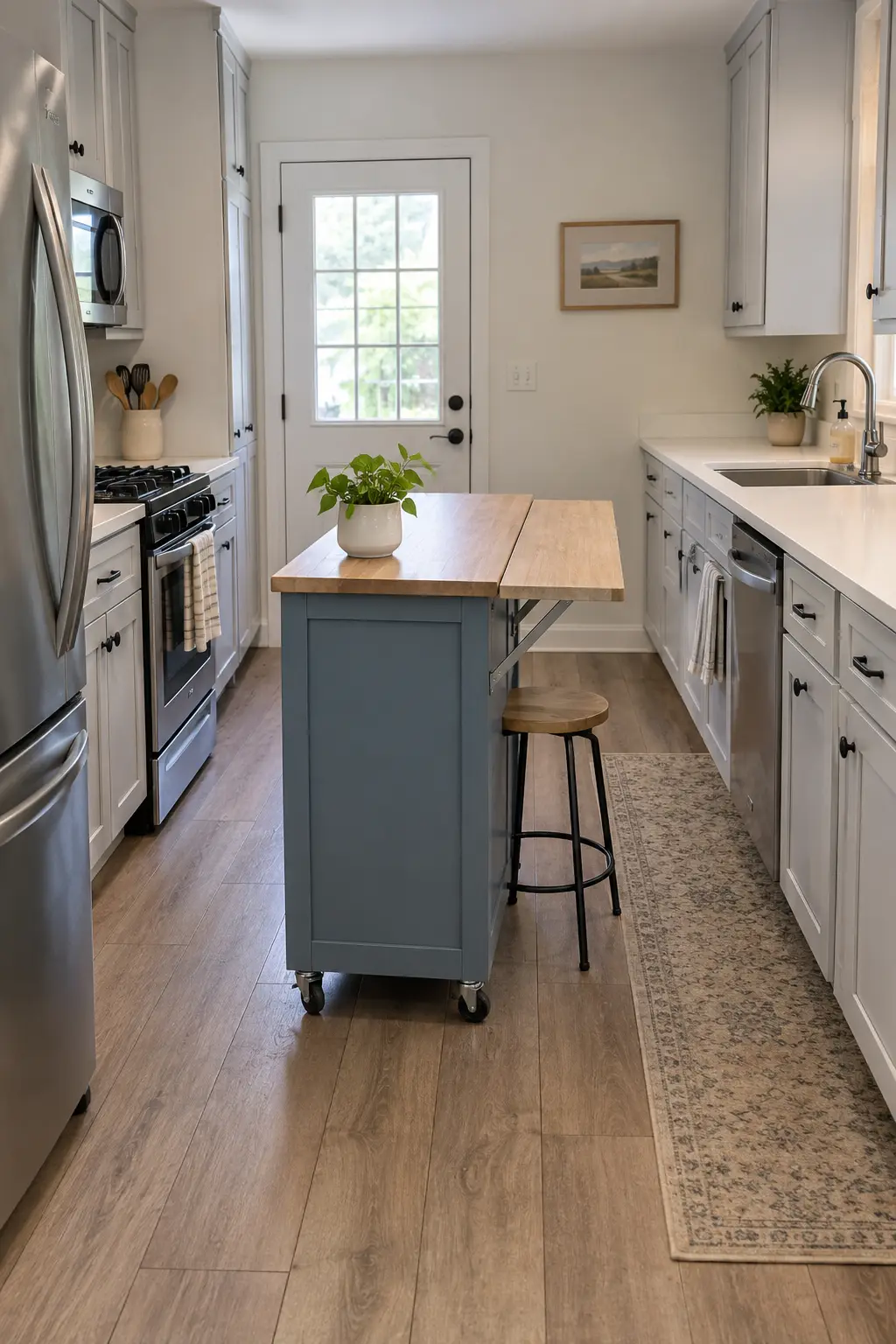 Small narrow kitchen with a blue rolling island and raised drop leaf