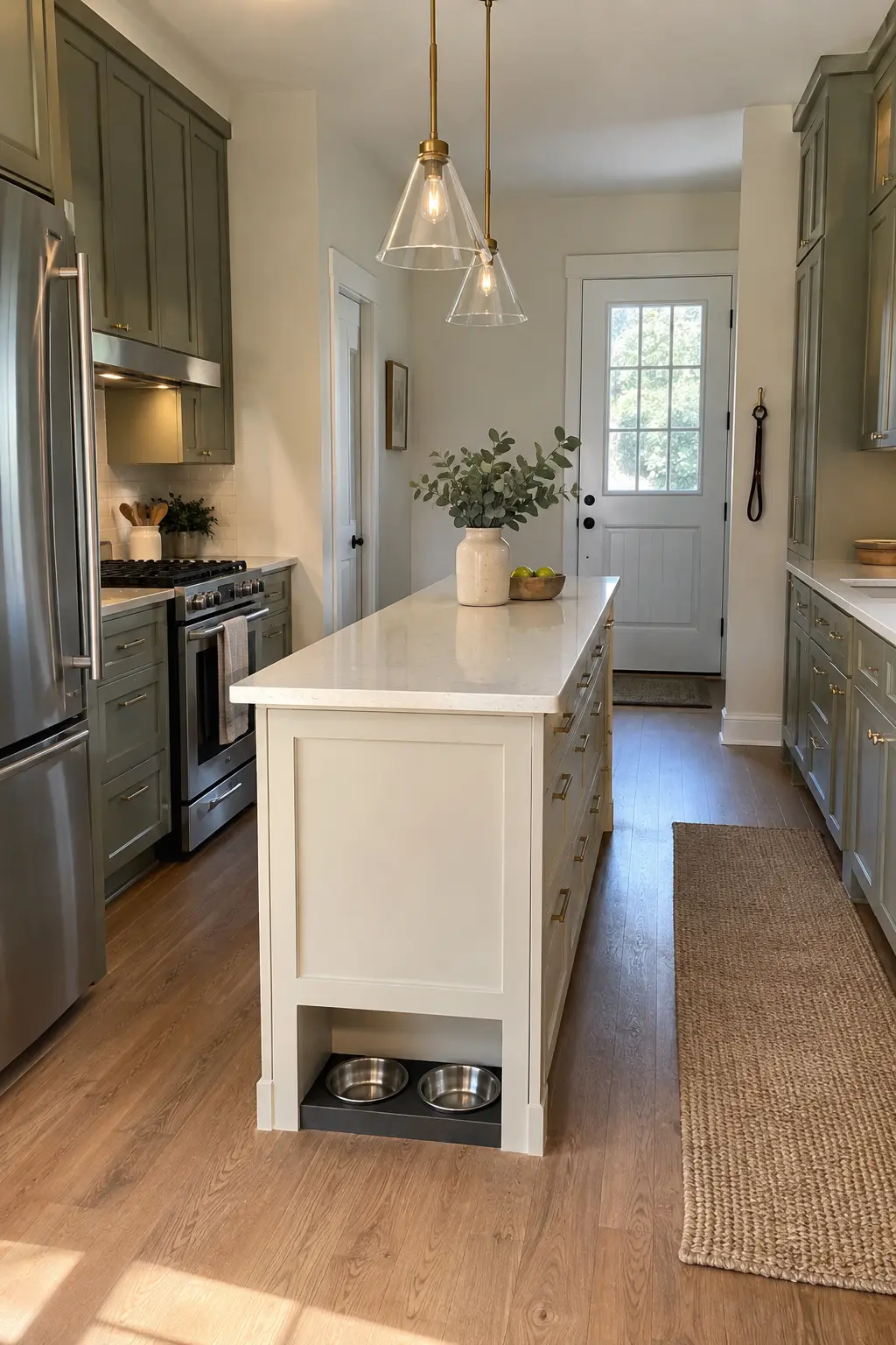 Slim cream kitchen island with two pet bowls in a recessed end niche