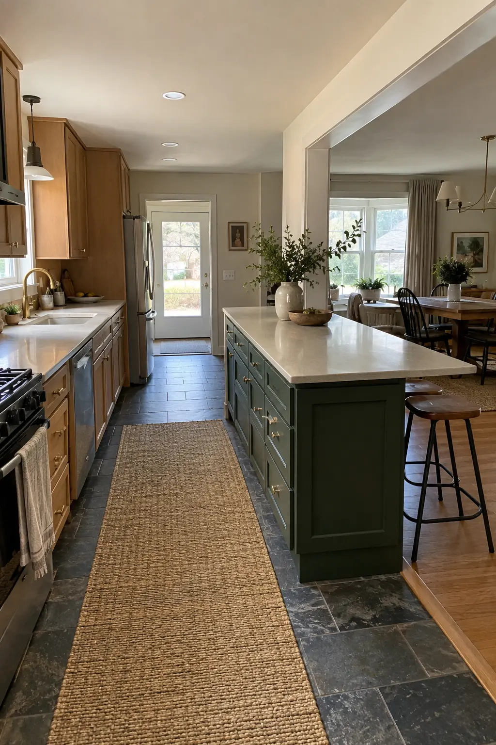 Narrow renovated kitchen with a green island aligned to a dining room opening