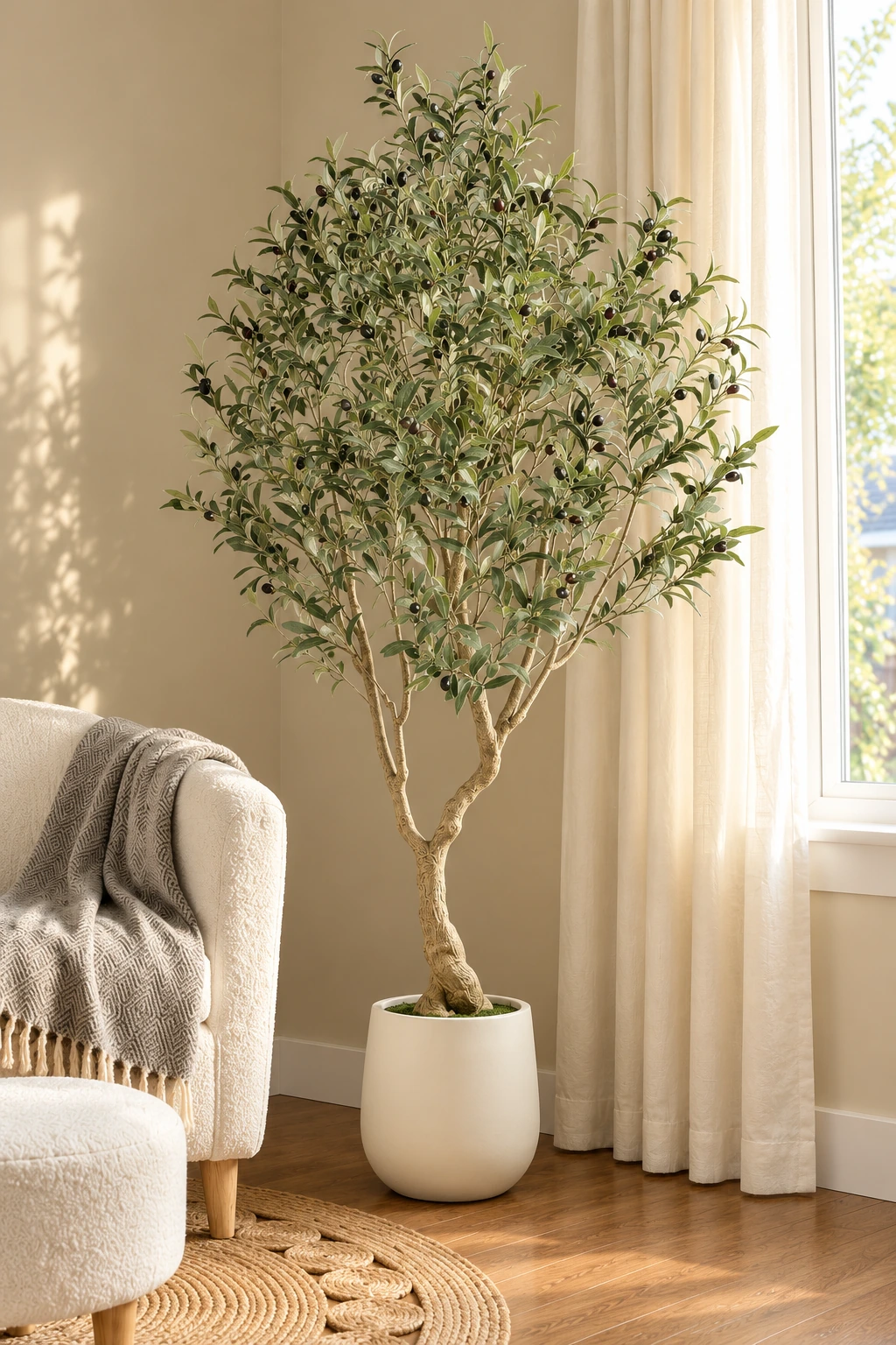 A tall artificial olive tree in a cream planter beside curtains and an ivory armchair.
