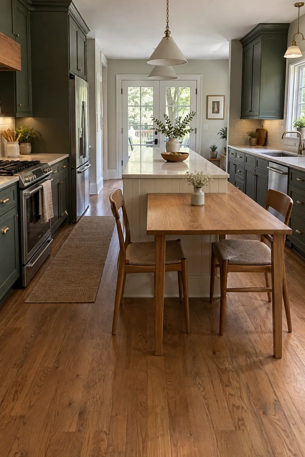 Long narrow kitchen island with a dining-height oak table extension