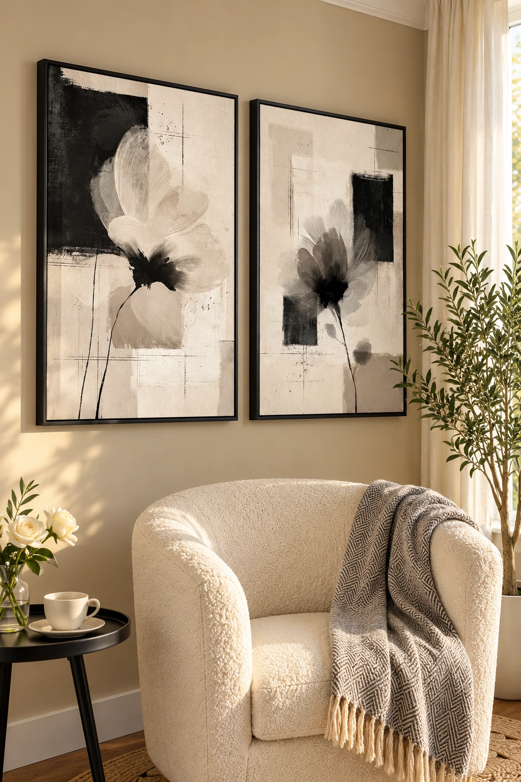 Two black-framed cream and charcoal floral canvases hung above an ivory accent chair.