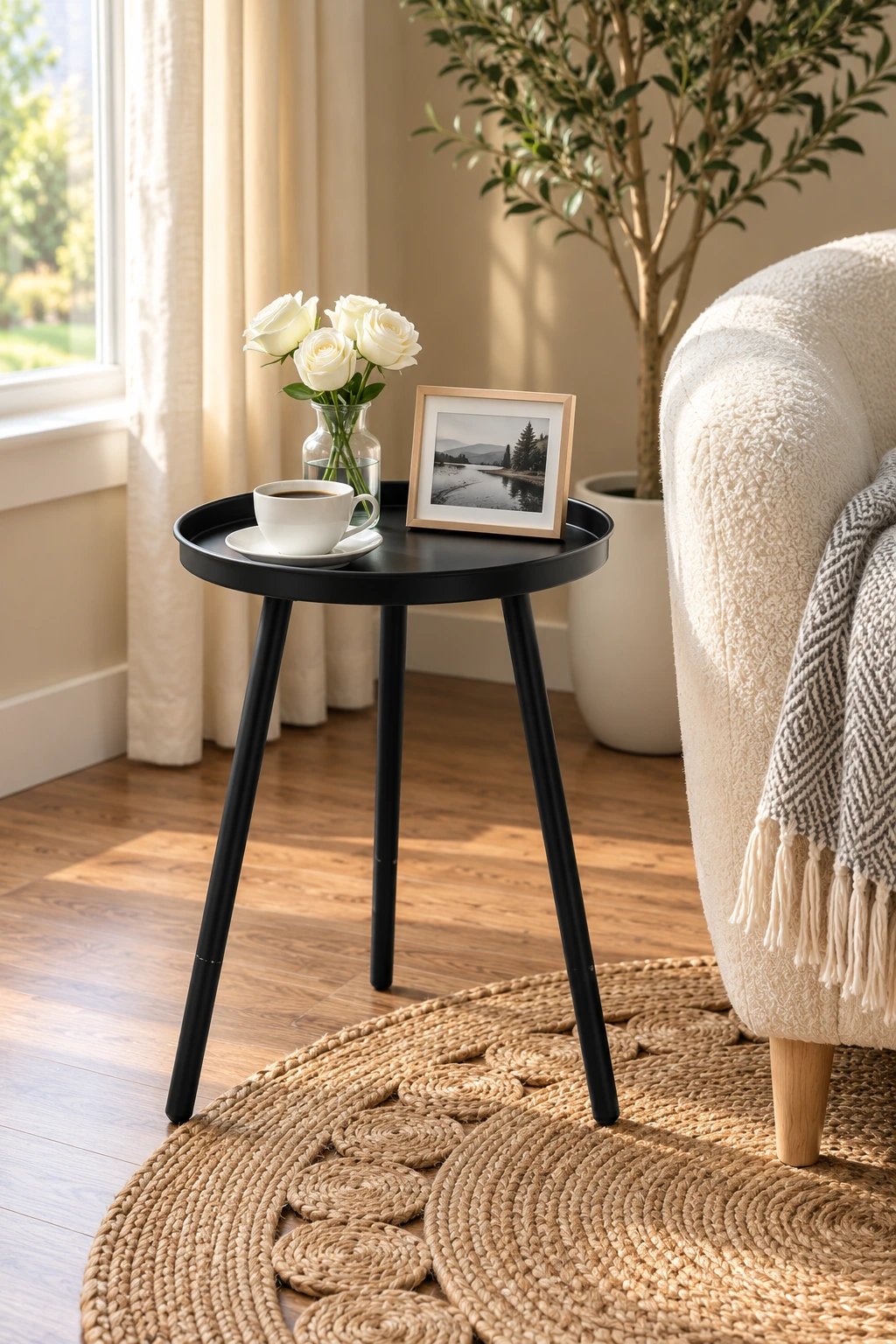 A black round three-leg tray table holding white roses, a framed photo, and a coffee cup.