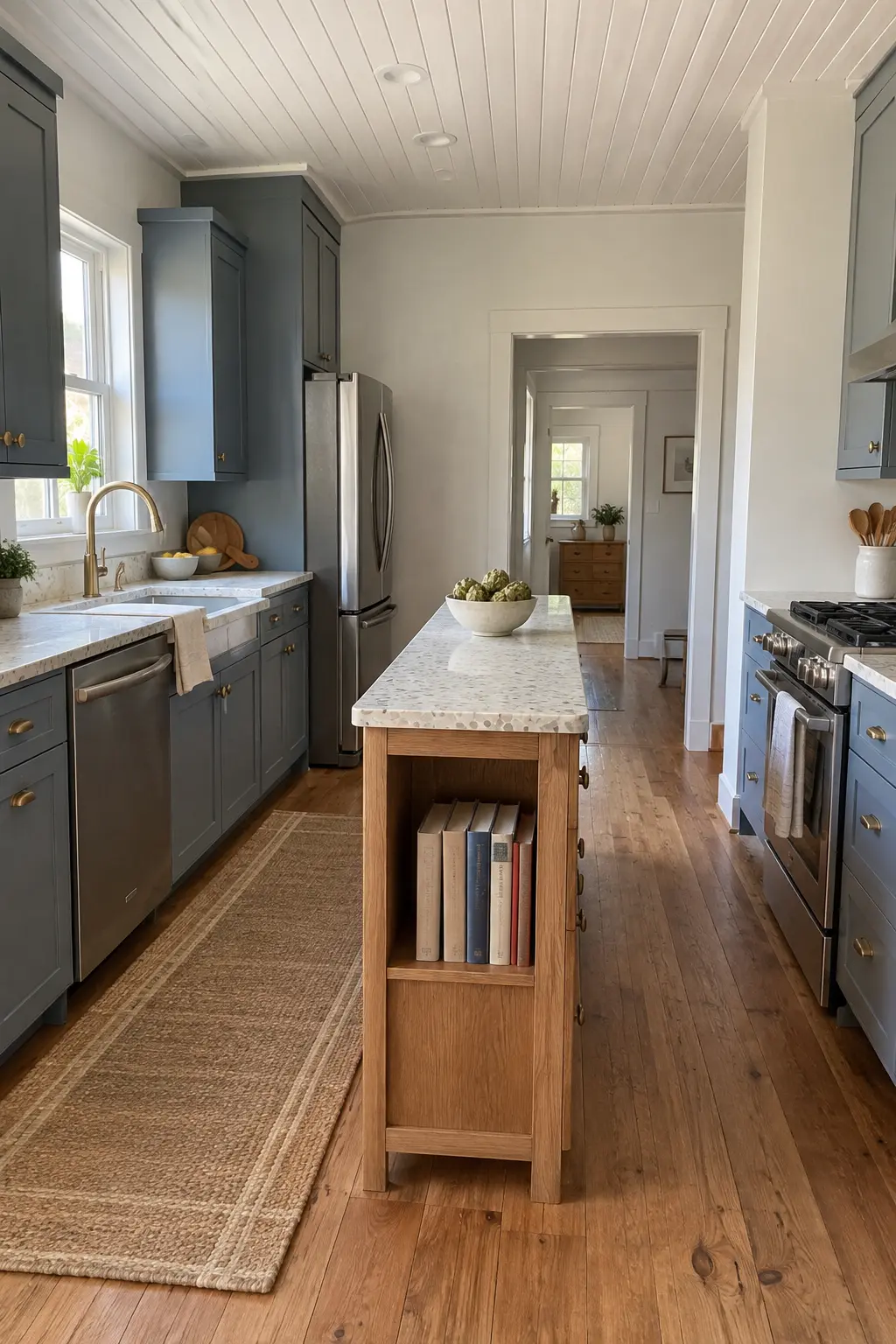 Narrow oak kitchen island with a cookbook shelf at the end