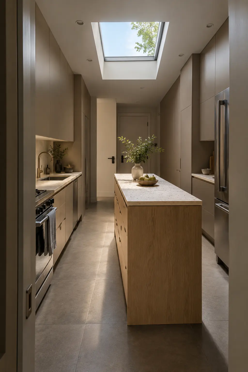 Window-light-starved narrow kitchen with an oak island beneath a skylight