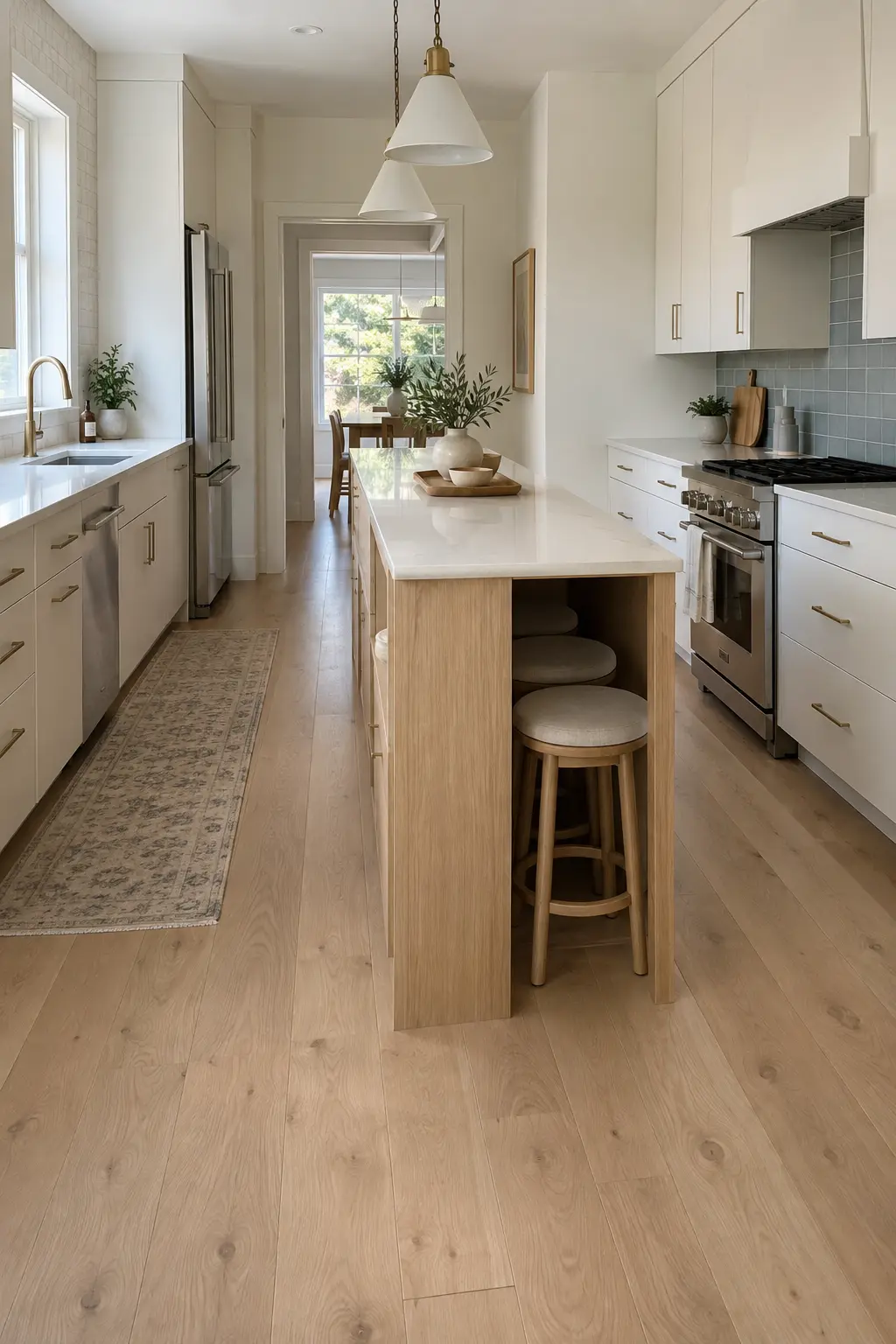 Narrow oak island with three backless stools tucked fully underneath