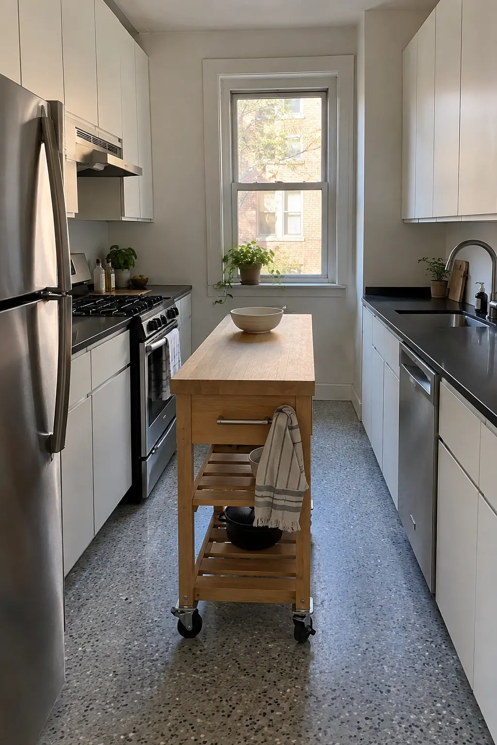 Small galley kitchen with a narrow mobile butcher-block island on casters