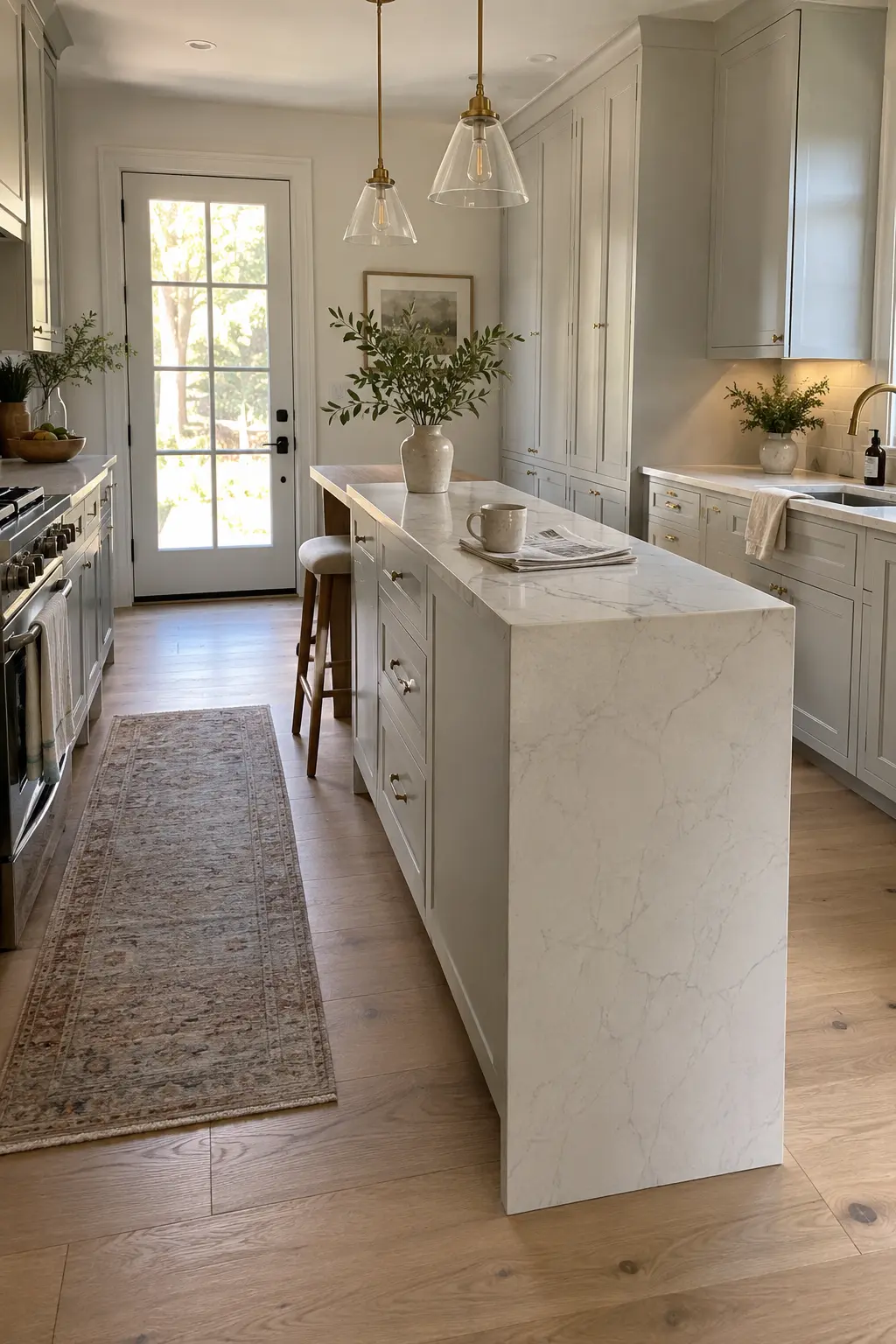 Slim kitchen island with a quartz waterfall end and one open stool area