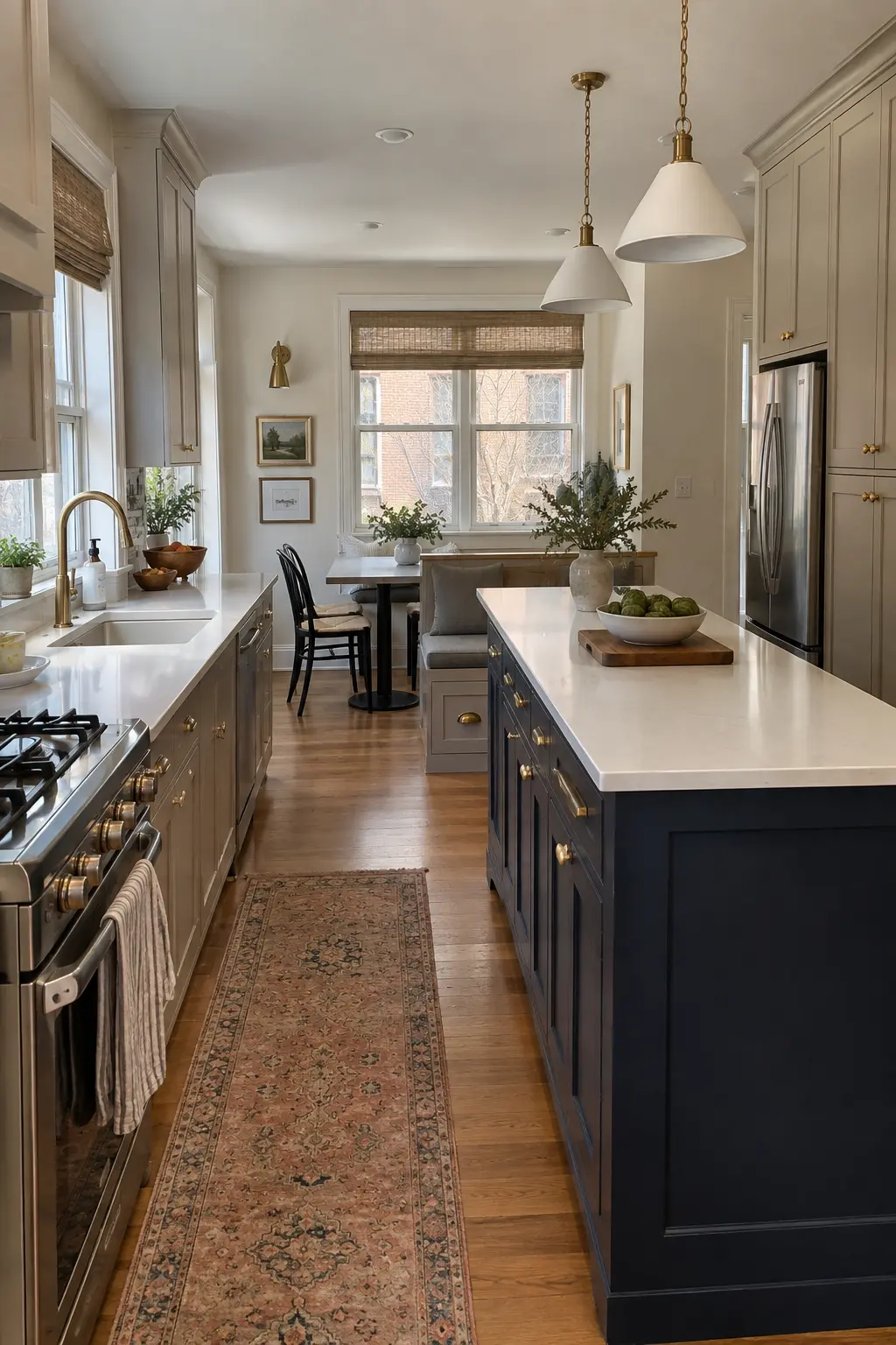 Narrow navy kitchen island connected to a compact end banquette
