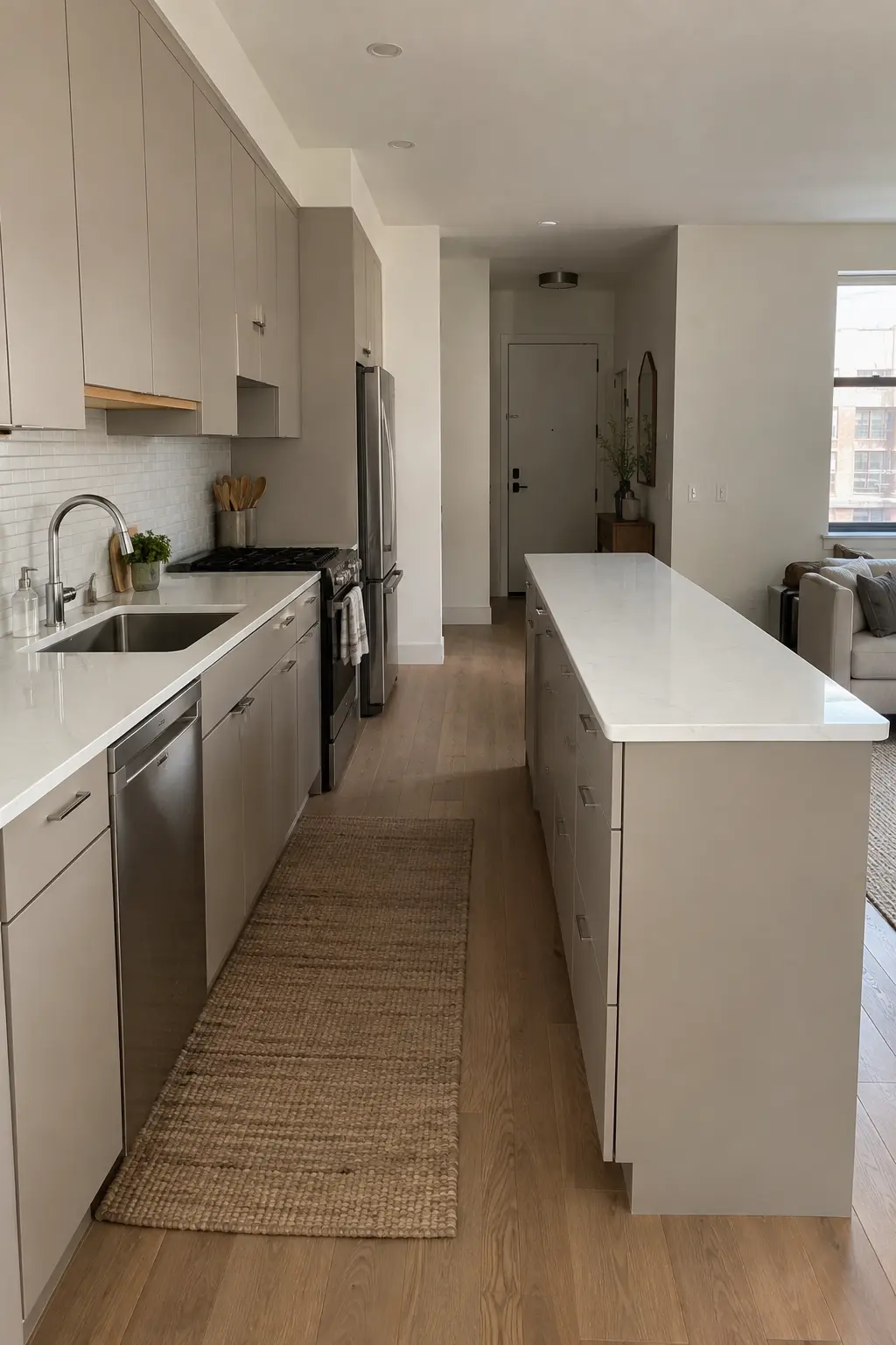 One-wall apartment kitchen with a long narrow second work island