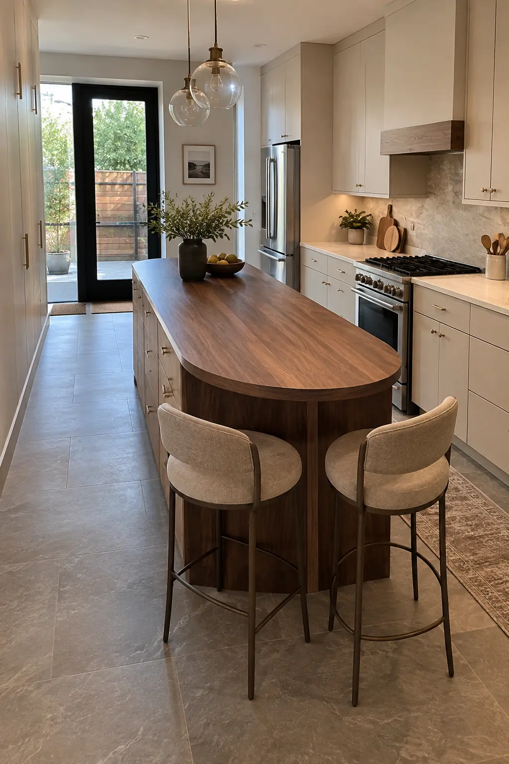 Walnut narrow kitchen island with a curved end and two seats