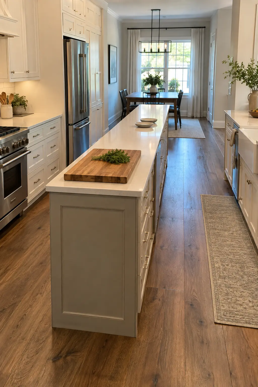 Extra-long slim kitchen island divided into prep and serving zones