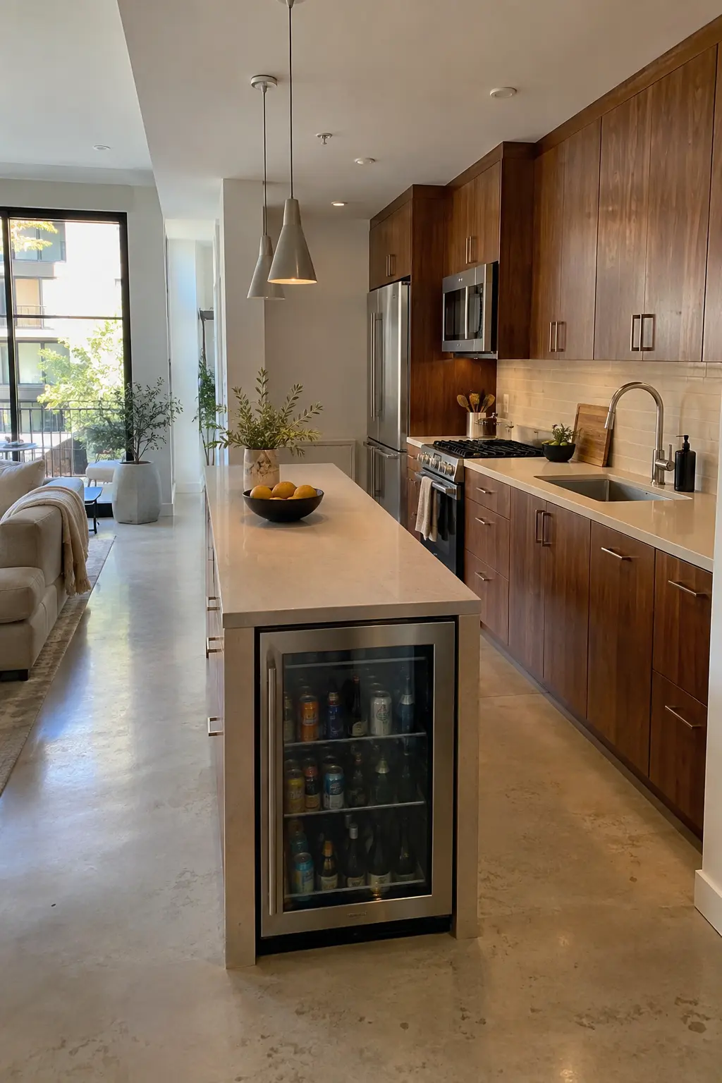 Warm modern narrow kitchen island with an end-facing beverage refrigerator