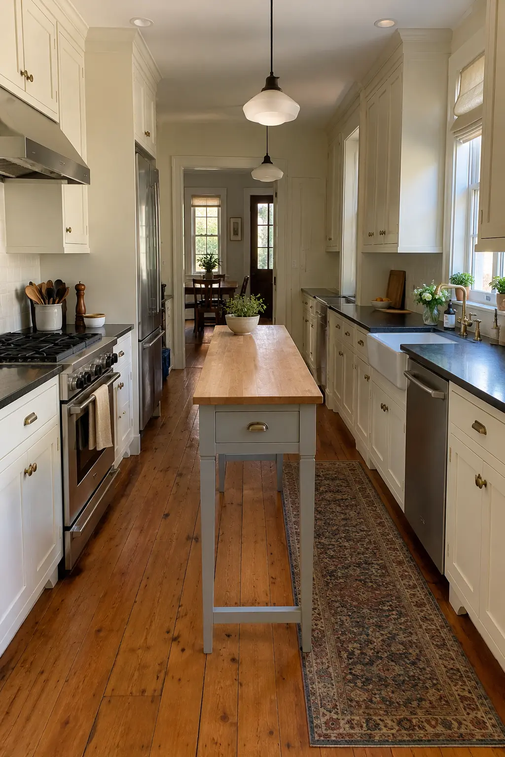 Historic galley kitchen with an extra-slim open-leg island table