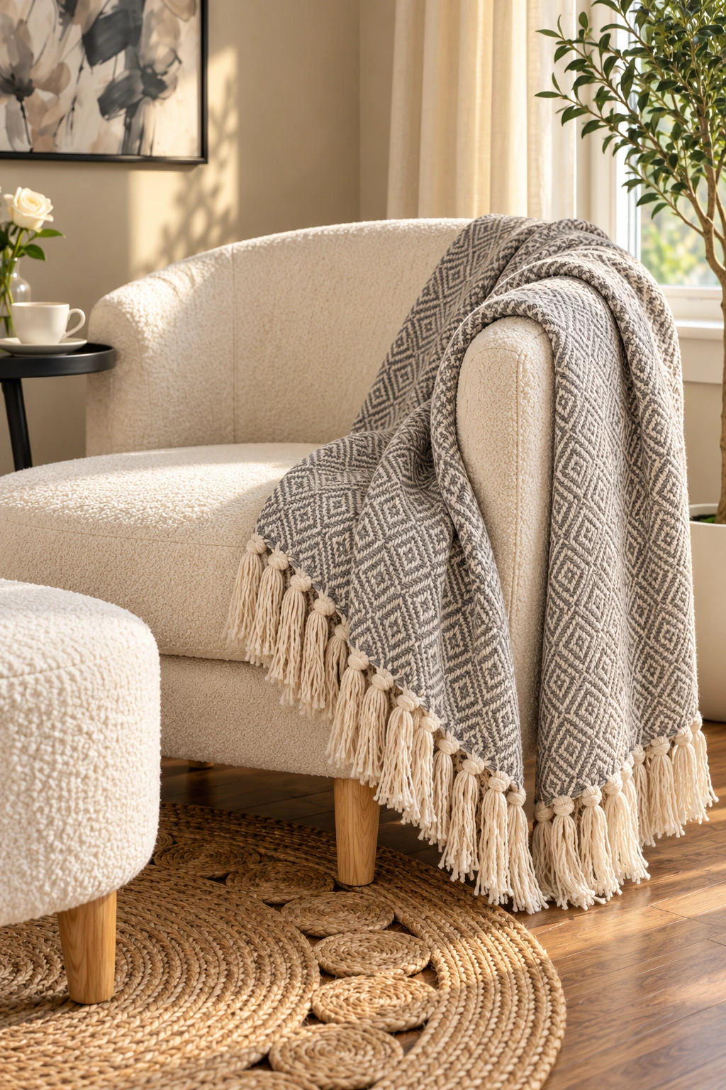 A gray and ivory diamond-pattern cotton throw with cream fringe draped over an ivory chair arm.