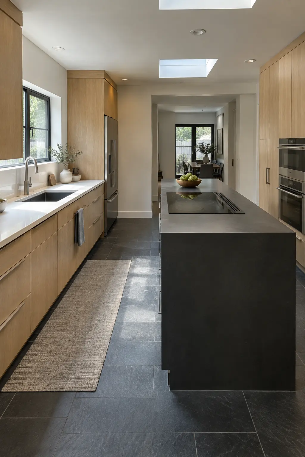 Modern narrow kitchen with an induction cooktop in a dark island
