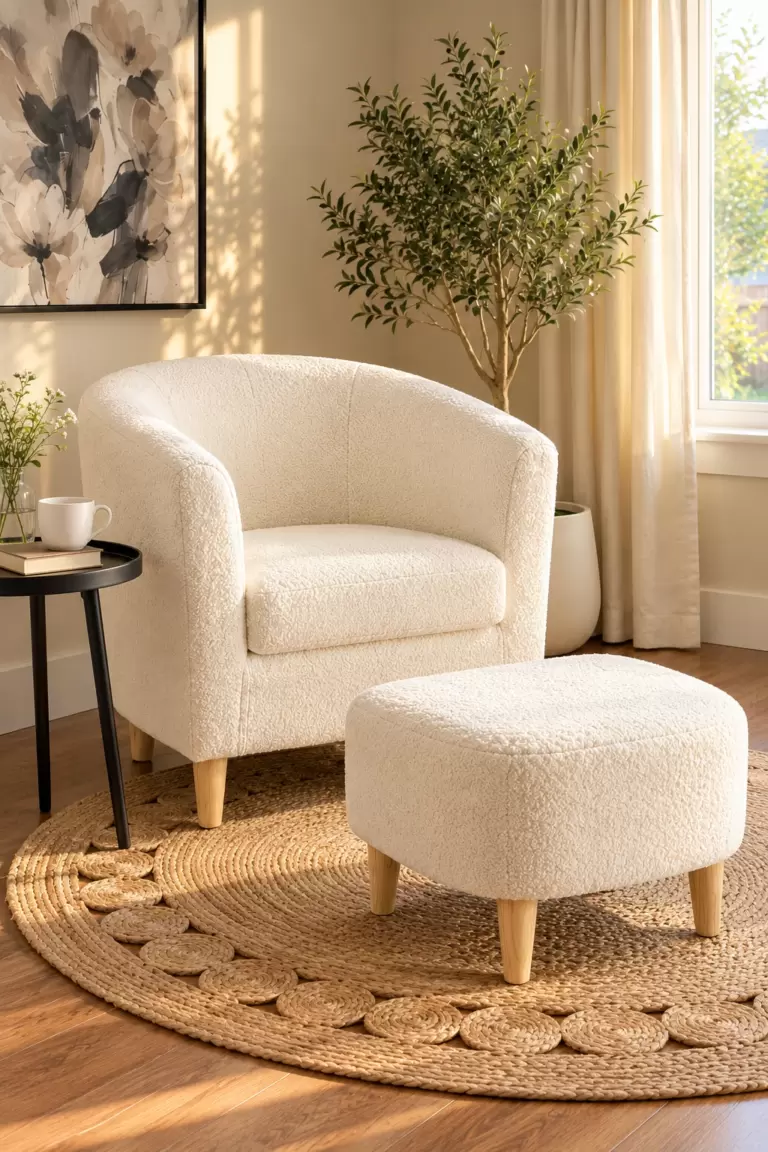 An ivory upholstered barrel chair and matching footstool arranged on a round jute rug.