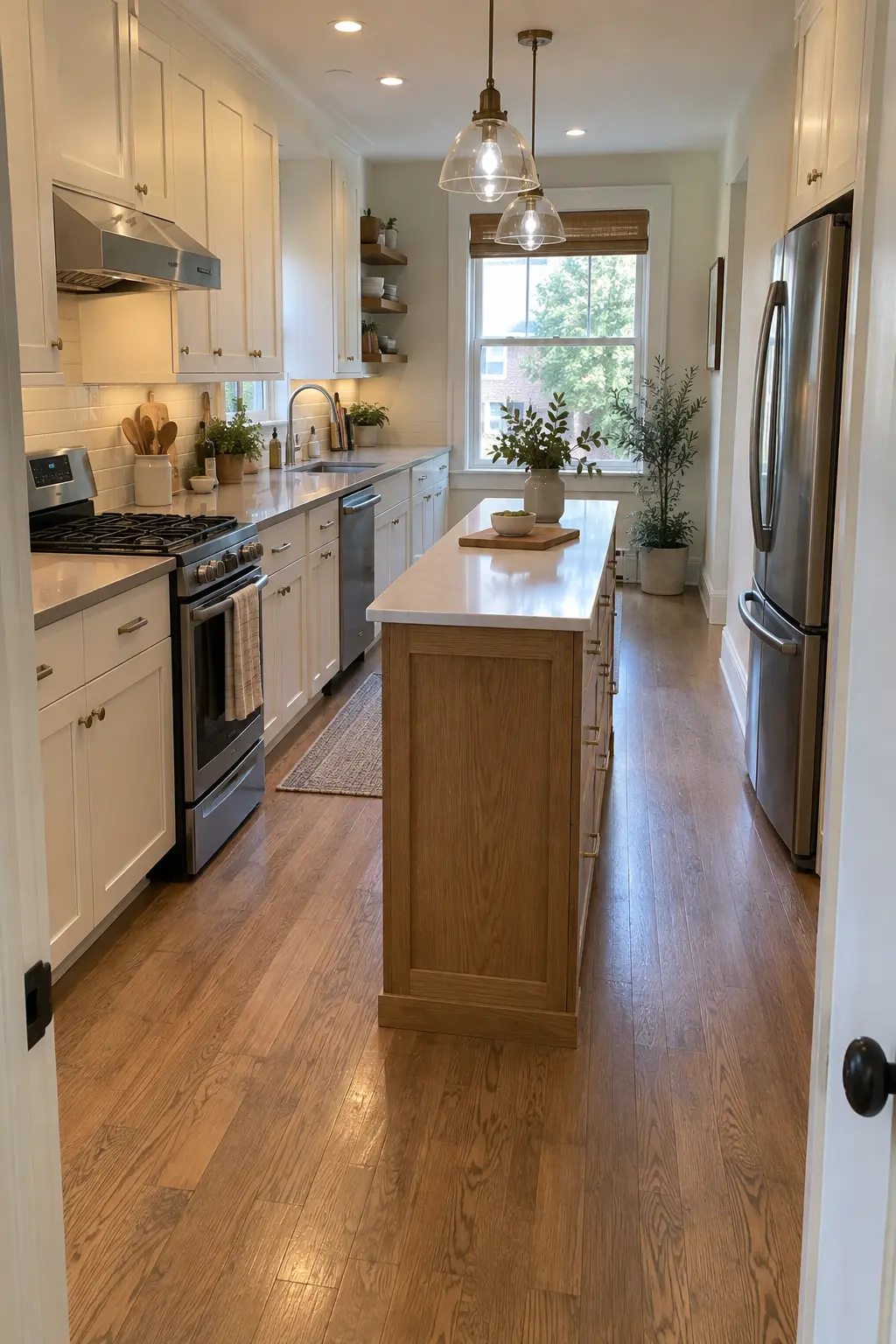 Narrow white kitchen with a slim oak prep-only island and clear walkways