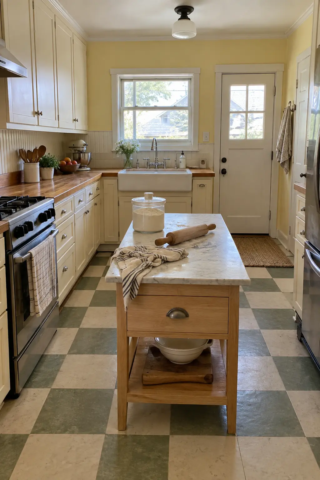 Vintage narrow kitchen with a lower marble-topped baking island