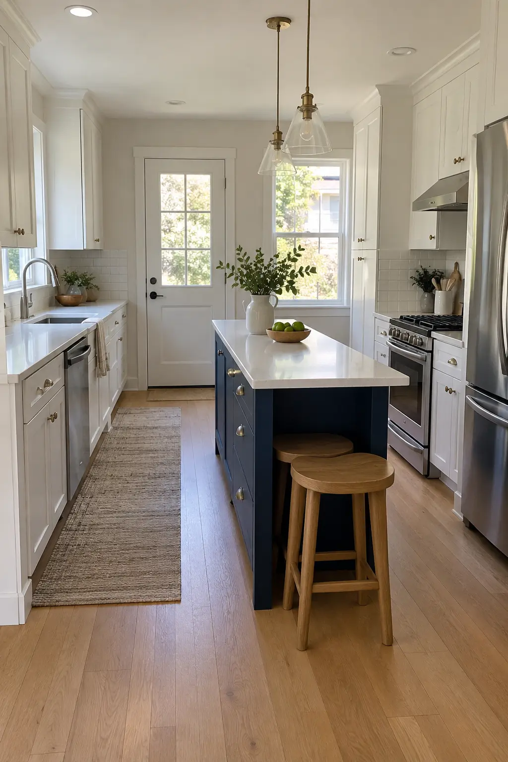 White narrow kitchen with a navy island and end seating