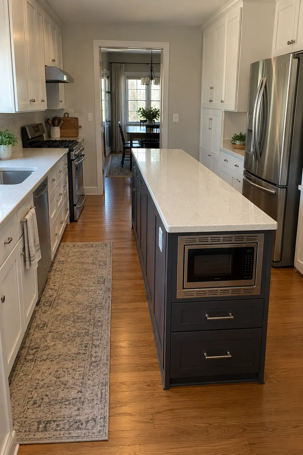 Narrow charcoal kitchen island with a built-in microwave cubby