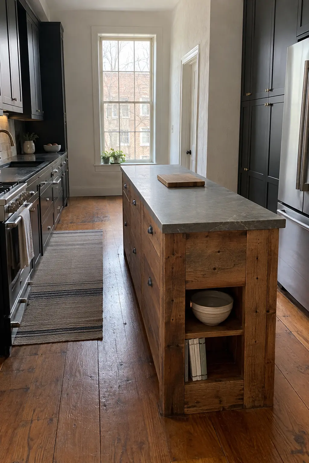 Narrow black kitchen with a reclaimed wood island and gray stone top