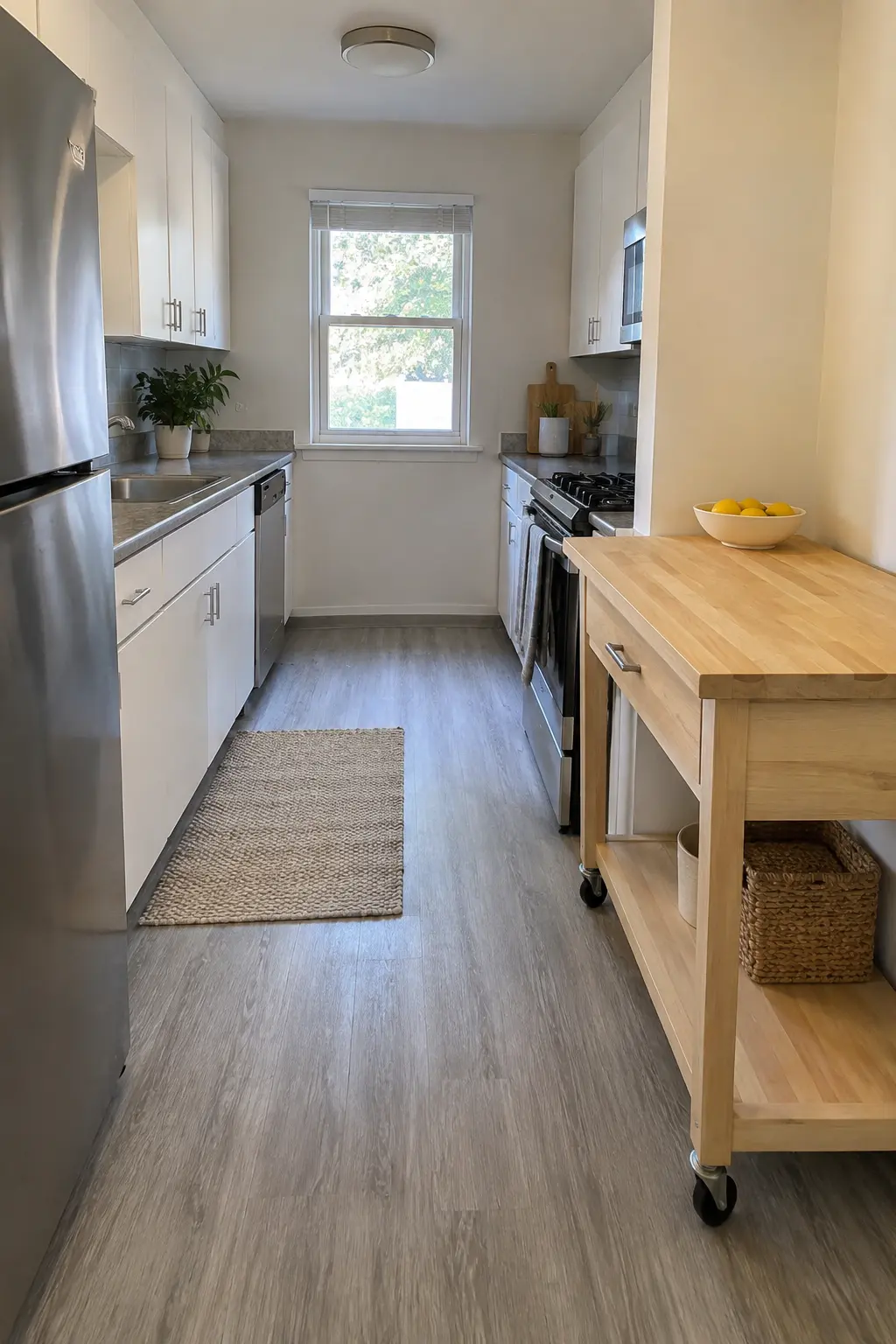 Very small galley kitchen with a rolling wood island parked against the wall